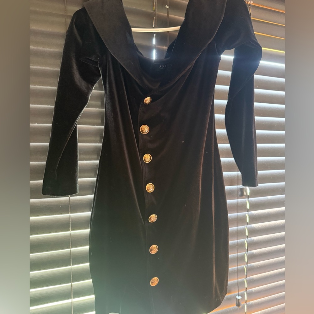 AKIRA Black Sheath Dress with Cowl Neck and Long Sleeves